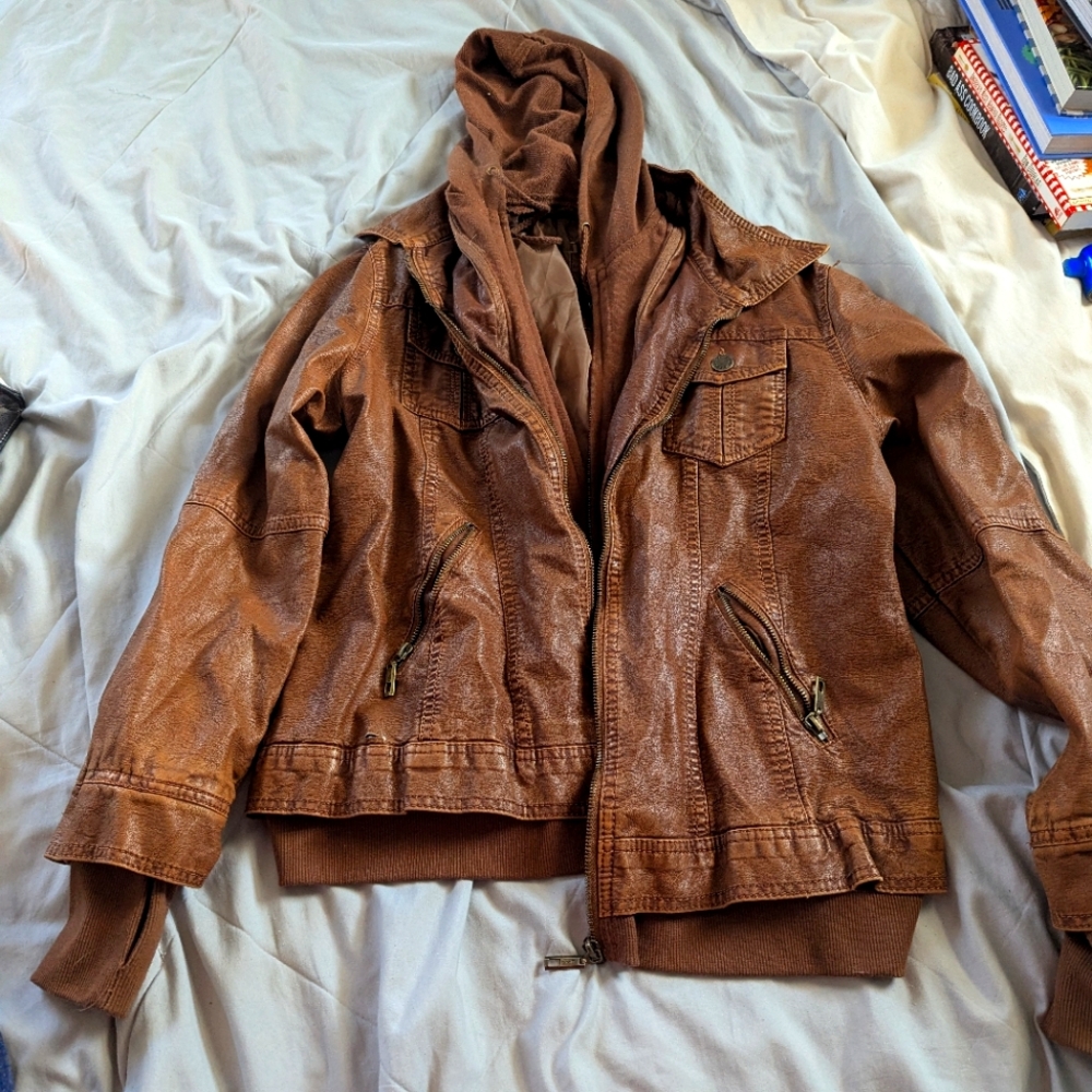 Brown Faux Leather Jacket with Hoodie